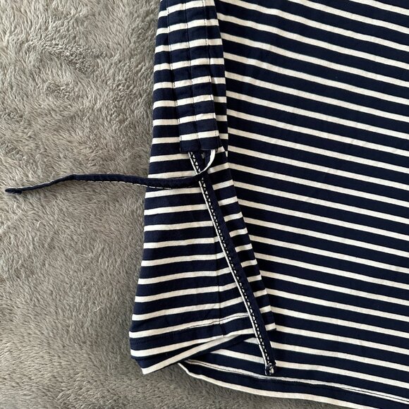 Toad & Co Muse Midi Cinch Dress MEDIUM Navy Stripe Short Sleeve V-Neck - Picture 2 of 7